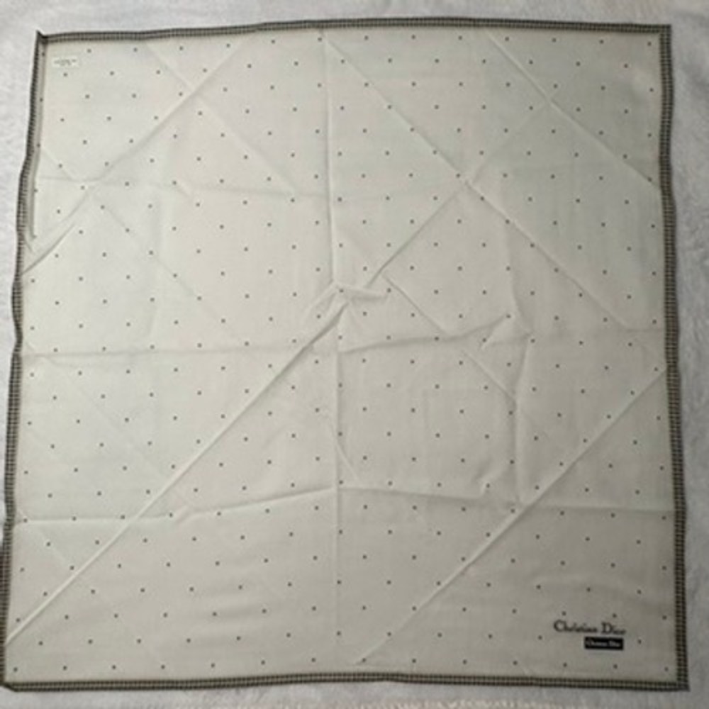 Vtg CHRISTIAN DIOR Scarf Handkerchief Polka Dot Cotton Cream Black 18.5"